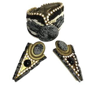 VTG HANSEN Signed 1988 Obsidian Stone Beaded Cuff Bracelet Clip-On Earrings Set